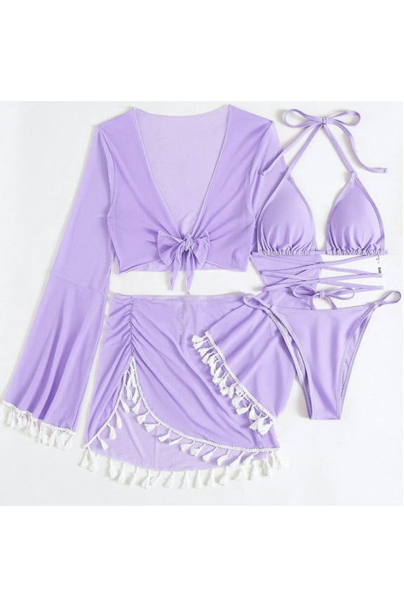 Bathing Suit Cover Up for Women - Four-Piece Suit Women Bandage Solid Sexy Bikini Push-Up Padded Swimwear Swimsuit Beachwear Set - Purple M