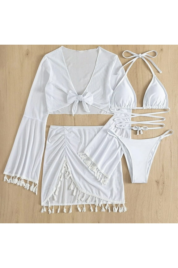 Bathing Suit - Four-Piece Suit Women Bandage Solid Sexy Bikini Push-Up Padded Swimwear Swimsuit Beachwear Set - White L