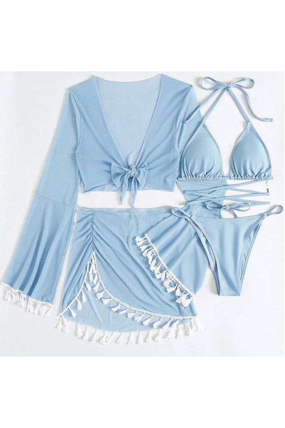 Bikinis for Women - Four-Piece Suit Women Bandage Solid Sexy Bikini Push-Up Padded Swimwear Swimsuit Beachwear Set - Sky Blue L