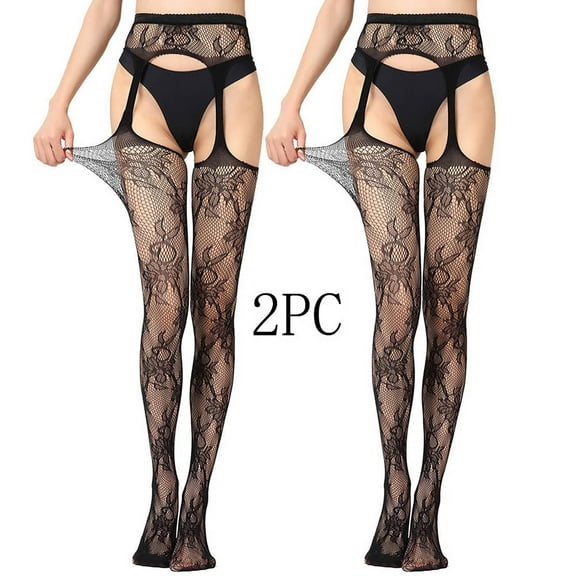 YUTK Black Tights Women - 2Pc Women Sexy Lace Leggings Pants Fishnet Netting Stockings Net Sexy Lingerie Transparent Hollow Out Hanging Stockings - Black Free Size