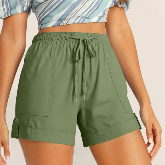 YUTK Cotton Linen Shorts for Women Womens Plus Size Comfy Drawstring Casual Elastic Waist Pocket Loose Shorts Pants Army Green Xl