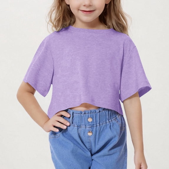 YUTK Cute Shirts for Girls 10-12 Sale Girls' Short Sleeved Crop Top Children's Fashionable Round Neck Short Sports T-Shirt Medium and Large Children's Loose T-Shirt Purple 9 Years