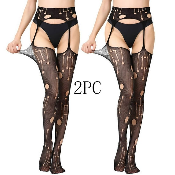 YUTK Fishnet Stockings for Women - 2Pc Women Sexy Lace Leggings Pants Fishnet Netting Stockings Net Sexy Lingerie Transparent Hollow Out Hanging Stockings - Black Free Size