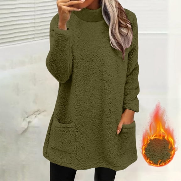 YUTK Fleece Sweatshirts for Women Mock Turtleneck Fall Winter Warm Sweater Tunic Plus Size Pullover Tops with Pockets Army Green XXL
