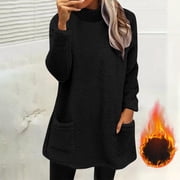 YUTK Fleece Sweatshirts for Women Mock Turtleneck Fall Winter Warm Sweater Tunic Plus Size Pullover Tops with Pockets Black XL
