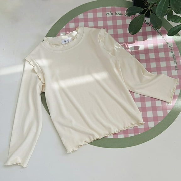 YUTK Girls 5T Summer Clothes 2-8 Years Girls' Casual Solid Color Ruffled Bottom Shirt Long Sleeved Round Neck Top/Shirt Beige