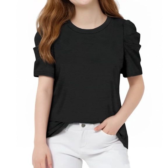 YUTK Girls Clothes Summer Fashion Girls Puff Short Sleeve Tops Kids T Shirts Round Neck Tees 4-14 Years Black 13 Years