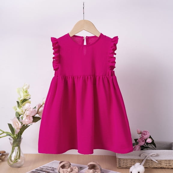 YUTK Girls Skirt - Girls' Summer New Short Sleeved Doll Neck Cute Printing Princess Dress Round Neck Princess Bow Skirt Hot Pink