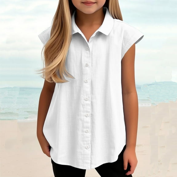 YUTK Girls Tank Tops Sale Girls Boys Plus Size Turn Down Collar Short-Sleeved Shirts Kids Loose Tunic Aged 3-14 White 120