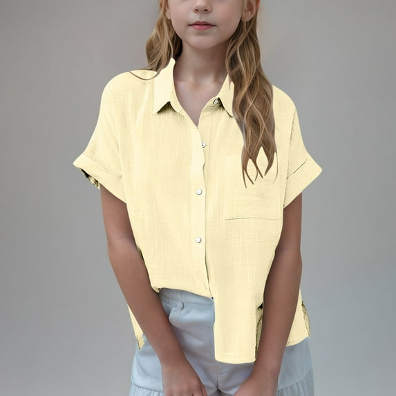 YUTK Girls Tops Sale Girls Boys Plus Size Turn Down Collar Short-Sleeved Shirts Kids Loose Tunic Aged 3-14 Yellow 9 Years