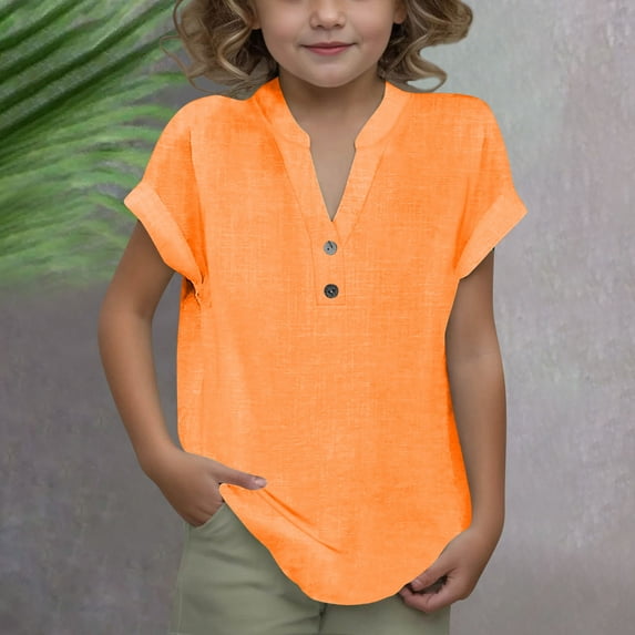 YUTK Girls Trip Shirts Sale Girls Summer Fashion Solid Button Shirt Female V-Neck Loose T-Shirt Blouse Orange 4 Years