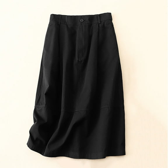 YUTK High Waist Midi Skirt for Women - Women's Solid Color Cotton Half Back Elastic Waist Workwear Mid Length A-Line Skirt Black M