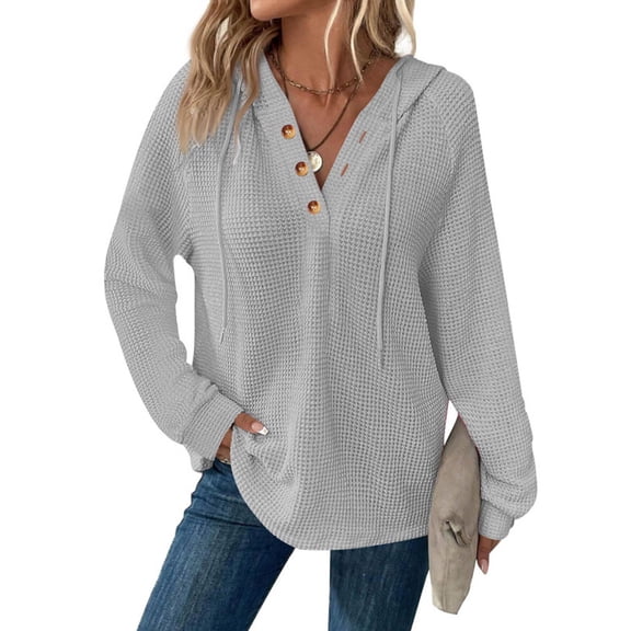 YUTK Hoodies for Women Button V Neck Waffle Knit Top Long Sleeve Shirts Fall Casual Comfy Pullover Sweatshirts Hooded Tops Gray M