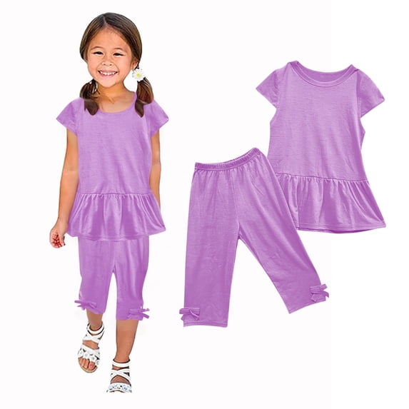 YUTK Kids Girls Sweatsuit,Fashion Girls' Casual Short Sleeve Tops Round Neck Collar Botton Short Pants Sets Sale Purple