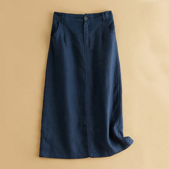 YUTK Long Skirt for Women Under $10 Women's Versatile Summer Solid Color Retro A-Line Loose Casual Skirt Navy Xl