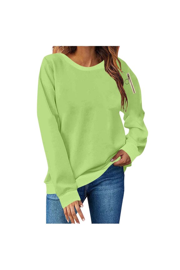 Long Sleeve Shirts for Women - Women's Solid Color Circular Zipper Fashionable Loose Casual Long Sleeved Top with Shoulder Drop and No Hat Hoodie Green S