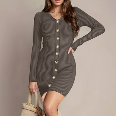 YUTK Maxi Dresses for Women 2024,Women's Knitted Cedar Pullover Button Long Sleeved V-Neck Dress Gray 3Xl