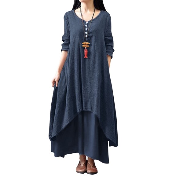 YUTK Maxi Dresses for Women Plus Size Women's Fashion Plus Size Round-Neck Solid Long Dress Helf Sleeve Buttons Dress Navy Xl