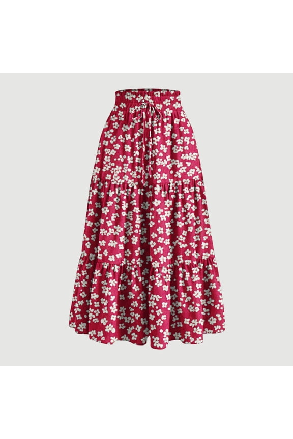 Maxi Skirts for Women Boho Floral Print Tiered Flowy Skirt Vacation Elastic Drawstring Waist A Line Pleated Skirt Red S-Xxl