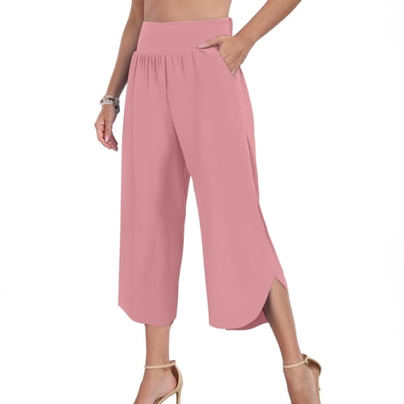 YUTK Pant for Women Sale Women's Summer Solid Color Casual High Waisted Side Pockets Wide Leg Split Hem Cropped Pants Pink M
