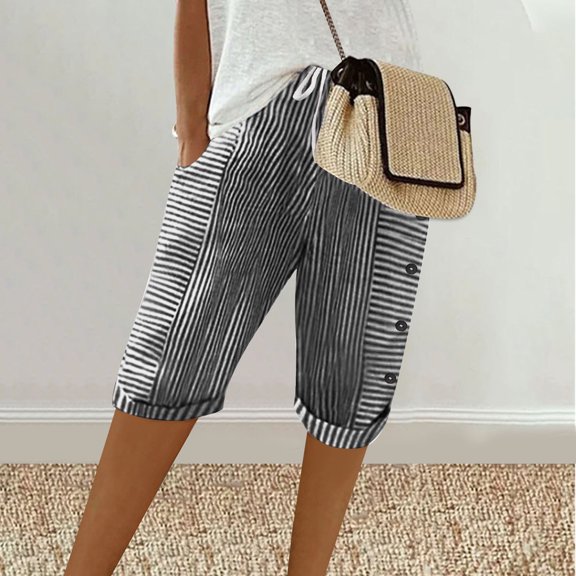 YUTK Pant for Women Women's Summer Woven Striped Patchwork Button Loose Cotton Linen Casual Capris Black S