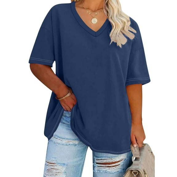 YUTK Plus Size Tops for Women Women's Oversized V-Neck Short Sleeved Solid Summer Base Shirt Sports T-Shirt Navy 3Xl