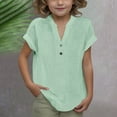thumbnail image 1 of YUTK Shirts for Girls Girls Summer Fashion Solid Button Shirt Female V-Neck Loose T-Shirt Blouse Mint Green 9 Years, 1 of 9