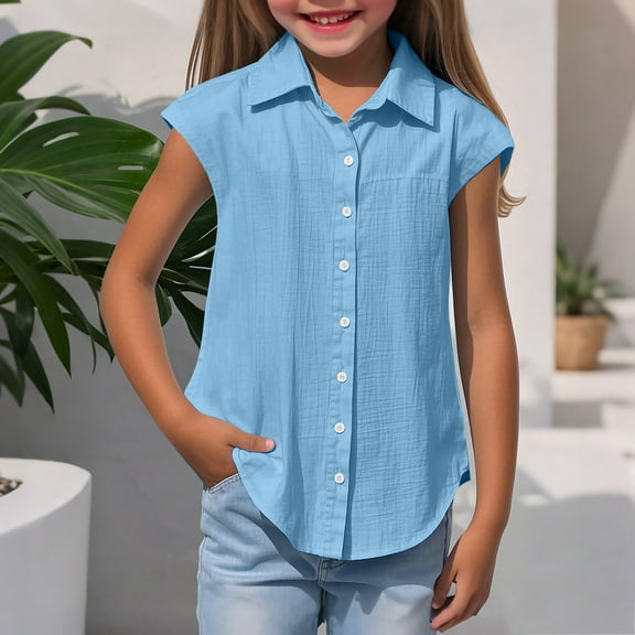 YUTK Shirts for Teens Girls Sale Girls Boys Plus Size Turn Down Collar Short-Sleeved Shirts Kids Loose Tunic Aged 3-14 Light Blue 120