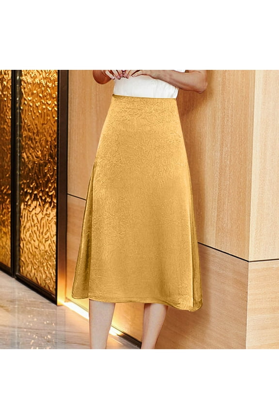 Skirt for Women Womens Solid Color Skirt Summer Skirt Medium Long Thin Off Shoulder Camisole Skirt Gold L