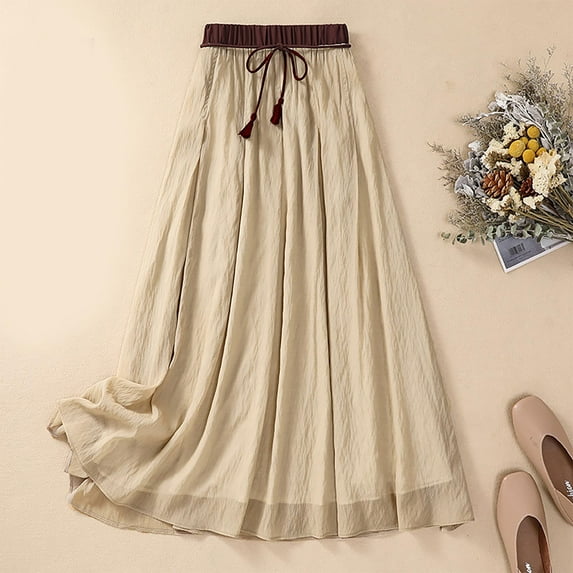 YUTK Skirt for Women Short - Women's Summer Solid Embroidery Elastic Waist Linen Ankle Skirt Khaki L