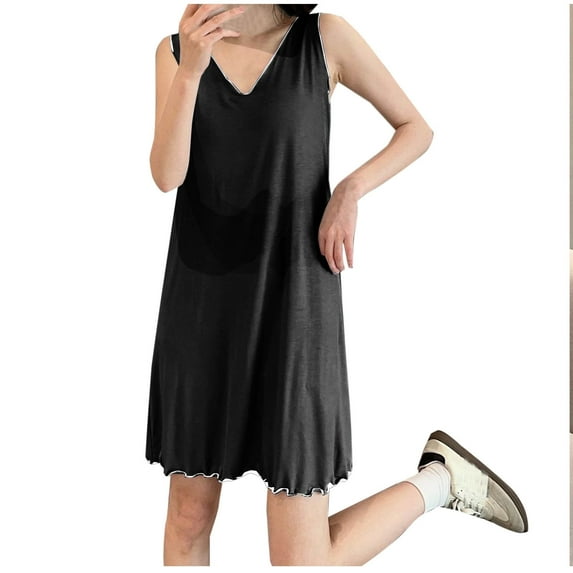YUTK Sleep Shirts for Women Women's V-Neck Sleeveless Pajamas Large Size Loose Long Nightdress Black L