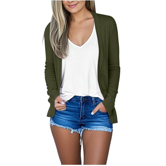 YUTK Summer Fall Cardigans for Women Lightweight Open Front Jacket Trendy Blouses Casual Long Sleeve with Pocket Army Green L