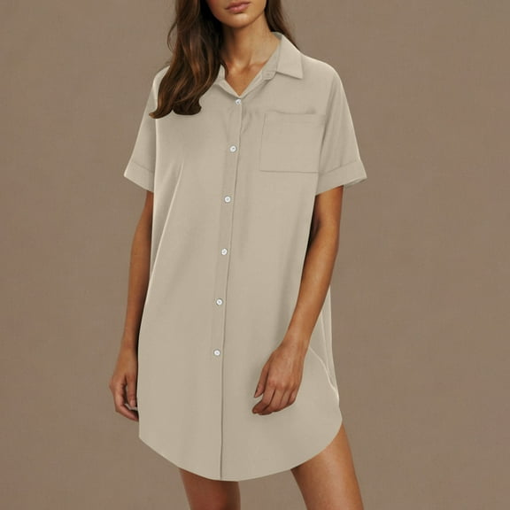 YUTK Summer Linen Dresses for Women Women's Summer Button Up Shirt Skirt with A Collar Made Of Cotton and Linen Mini Dress Shirt Dress Beige S