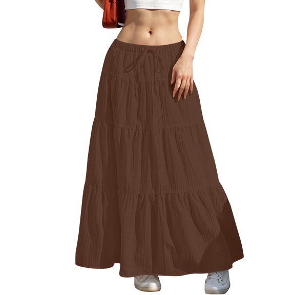 YUTK Summer Maxi Dress for Women Women Fashion Summer Casual Comfy Solid A-Line Long Skirts Elastic Waist Brown Xxl