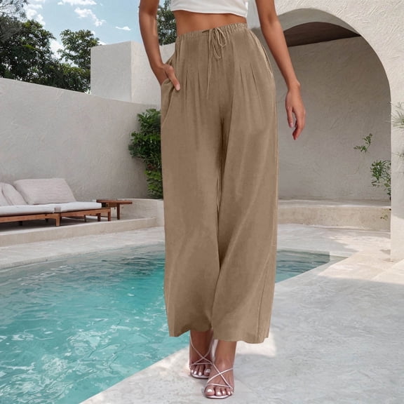 YUTK Summer Pants for Women Woman Fashion Solid Color Elastic Waist Drawstring Pocket Long Pants Khaki M