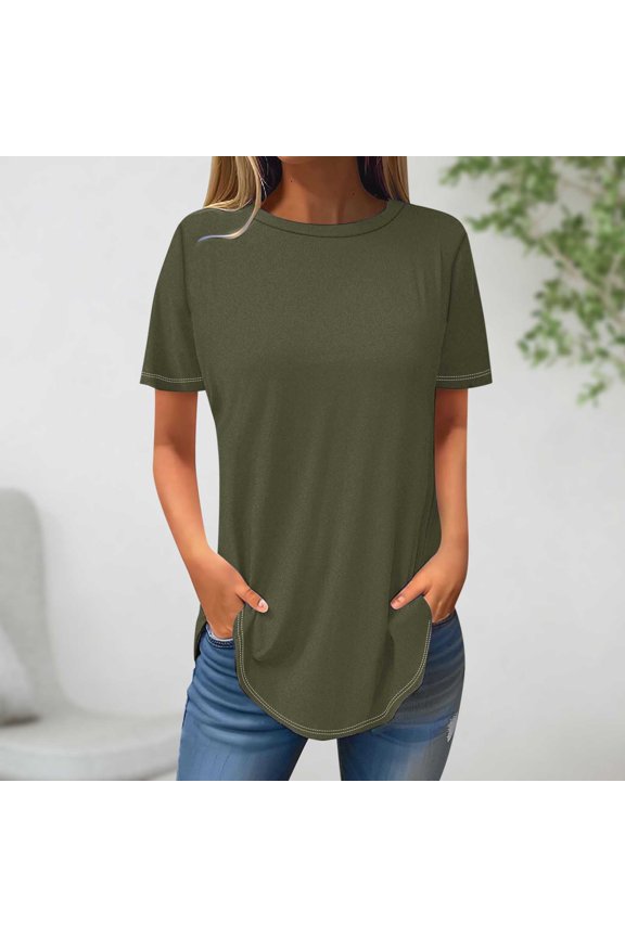 Summer Tops Women's Fashion Sold Short Sleeves Blouse Round Neck Casual Army Green M
