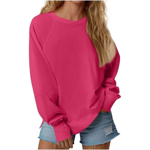 YUTK Sweaters for Women Long Sleeve - Women's Plug-in Sleeve Solid Color Round Neck Thumb Button Loose Top Hot Pink Xl