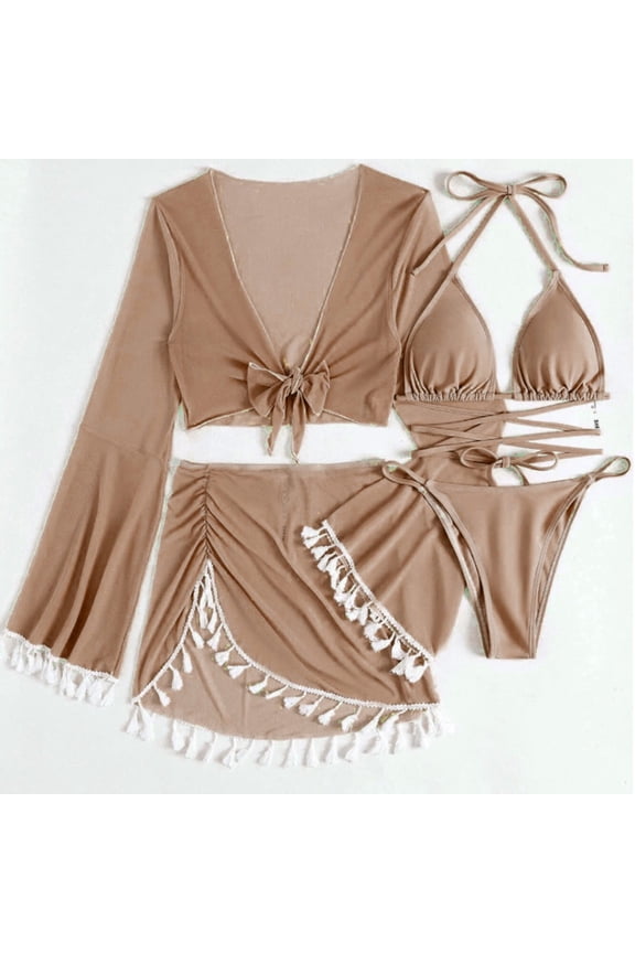 Swim Suits for Women - Four-Piece Suit Women Bandage Solid Sexy Bikini Push-Up Padded Swimwear Swimsuit Beachwear Set - Coffee M