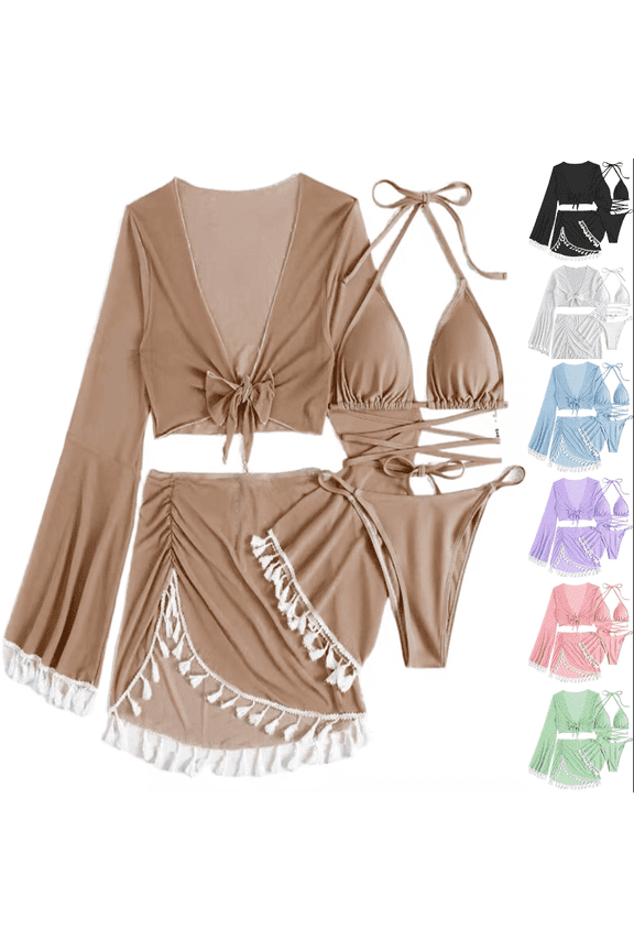 Swim Suits for Women - Four-Piece Suit Women Bandage Solid Sexy Bikini Push-Up Padded Swimwear Swimsuit Beachwear Set - Coffee M