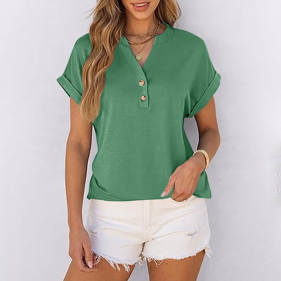 YUTK T Shirts for Women Tops Women'S Fashion Solid Button Shirt Female V-Neck Loose T-Shirt Blouse Green S