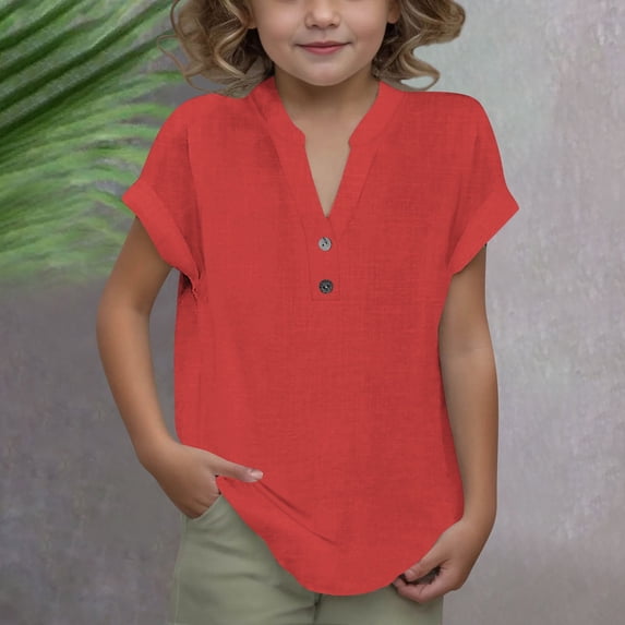 YUTK Toddler Girl Outfits Girls Summer Fashion Solid Button Shirt Female V-Neck Loose T-Shirt Blouse Watermelon Red 9 Years