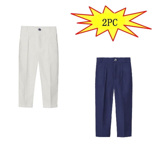 YUTK 2PC Toddler Kids Big Boy Fashion Cute Solid Color Lattice Casual School Uniform Suit Pants Trousers （White,Navy）