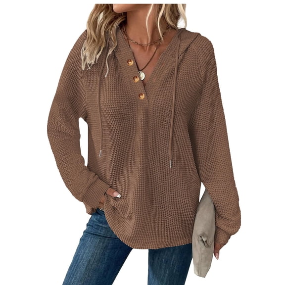 YUTK Tunic Tops for Women Loose Fit Dressy Waffle Knit Long Sleeve Shirts Trendy Fall Fashion Crewneck Sweaters Curved Hem Coffee XXL