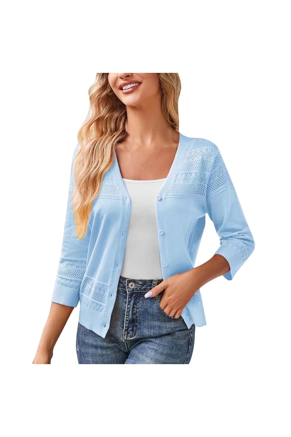 Womens Jackets Trendy,Women's Long Sleeved V-Neck Solid Color Knitted Cardigan Sweater Jacket(Light Blue,Xxl)