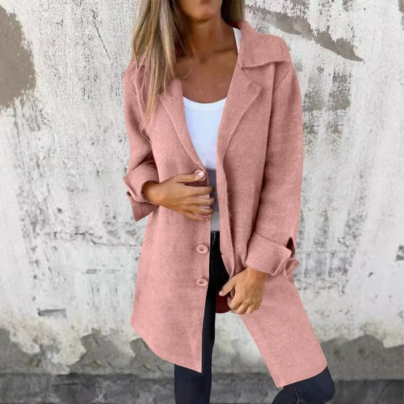 YUTK Women Jackets Plus Size Women's Winter New Casual Solid Color Button Woolen Coat Mid-Length Lapel Pocket Jacket Coat Top Long Sleeve Sale Pink M