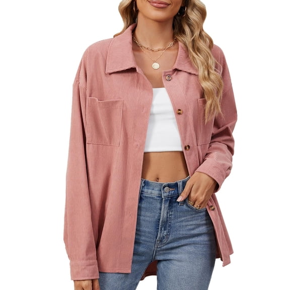 YUTK Women Jackets ,Women's Casual Lapel Loose Lantern Sleeve Corduroy Shirt Long Sleeve Hoodless Casual Coat/Jacket(Pink,M)