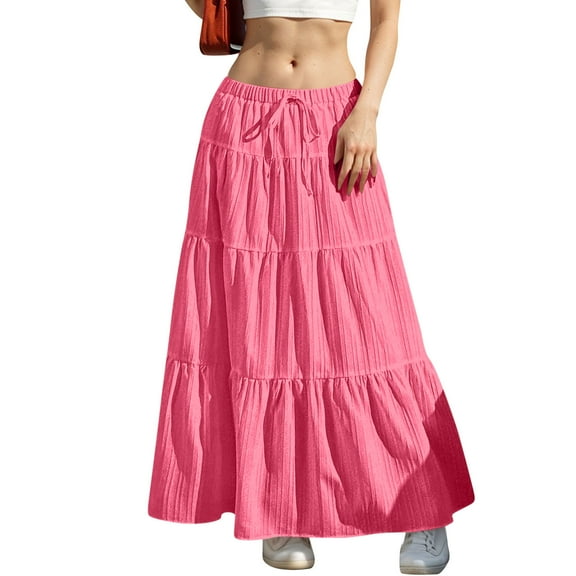 YUTK Women Maxi Skirt Long Flowy Pleated High Waisted with Pockets Summer Casual Elastic Waist A-Line Skirts Hot Pink S-Xxl
