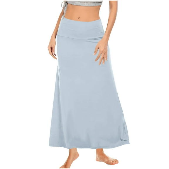 YUTK Women Maxi Skirt Long Flowy Pleated High Waisted with Pockets Summer Casual Elastic Waist A-Line Skirts Light Blue S-Xl