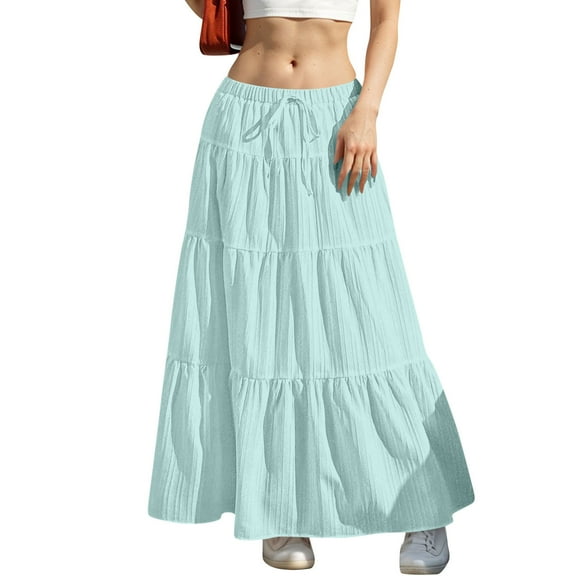 YUTK Women Maxi Skirt Long Flowy Pleated High Waisted with Pockets Summer Casual Elastic Waist A-Line Skirts Light Blue S-Xxl