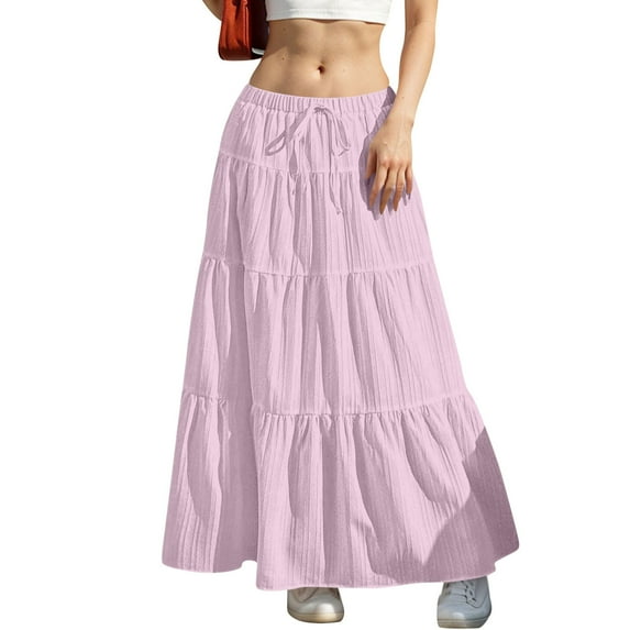 YUTK Women Maxi Skirt Long Flowy Pleated High Waisted with Pockets Summer Casual Elastic Waist A-Line Skirts Pink S-Xxl
